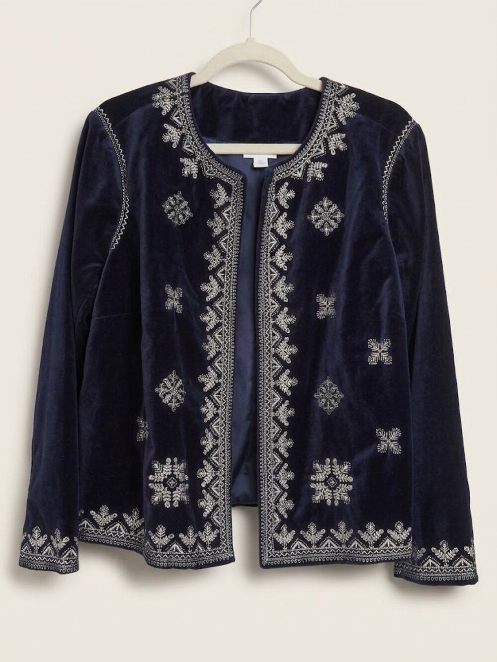 Pure Jill Beaded Embroidered Velvet Jacket Black Ink Navy Open Front XLP Petite